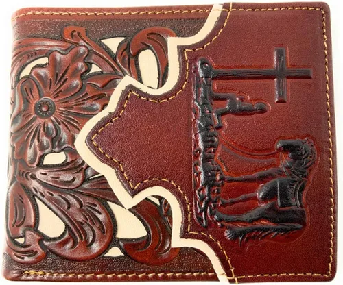 Western Cartera vaquera rezando de cuero genuino para hombre, diseño floral, corte láser, 9 colores, CaféBeige, Vaquero rezando occidental