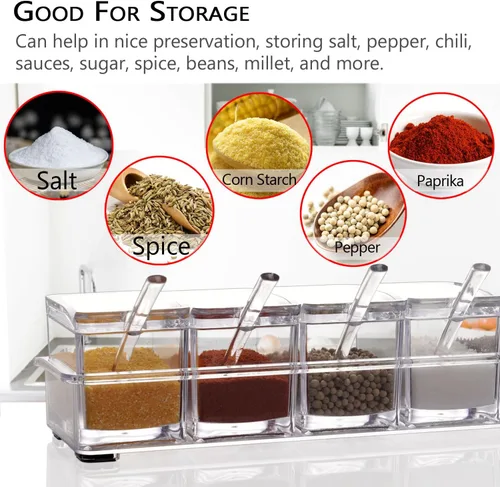 Miniatura 5 de V·RESOURCING Caja de condimentos transparente, 3 piezas de recipientes de especias con soporte para condimentos, sal y azúcar, con 3 cucharas