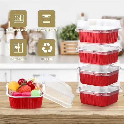 Miniatura 2 de Mimorou 100 piezas de mini tazas cuadradas rojas para hornear con tapas, papel de aluminio de 5 onzas, moldes desechables para magdalenas, postres