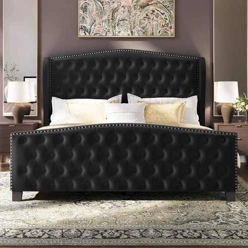 Miniatura 9 de BRELTAM Marco de cama tapizado tamaño Queen en terciopelo color beige con cabecera y pie de cama acolchados con botones profundos y soporte