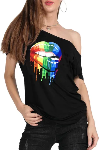 Miniatura 65 de MAGICMK - Camiseta casual para mujer, con estampado de labios y hombro descubierto, talla extragrande