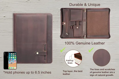 Miniatura 2 de AZXCG Portafolio de cuero para hombre, hecho a mano, con cremallera, organizador de documentos de negocios para cuaderno tamaño carta A4, funda