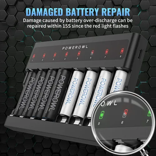 Miniatura 4 de POWEROWL Baterías AAA recargables de 1000 mAh con cargador de batería inteligente de 8 bahías, baterías Ni-MH Triple A de baja autodescarga, 8