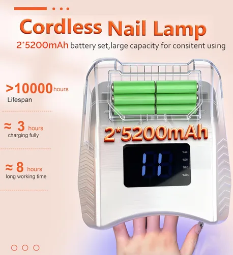 Miniatura 4 de Lámpara de uñas LED inalámbrica UV, secado de uñas profesional de gel de curado rápido, 2 piezas de batería de 5200 mAh, lámpara de curado