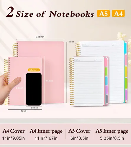 Miniatura 2 de Cuaderno de 5 asignaturas con rayas universitarias con pestañas divisorias de bolsillo removibles, cuaderno en espiral de 240 páginas de 8.5 x 11
