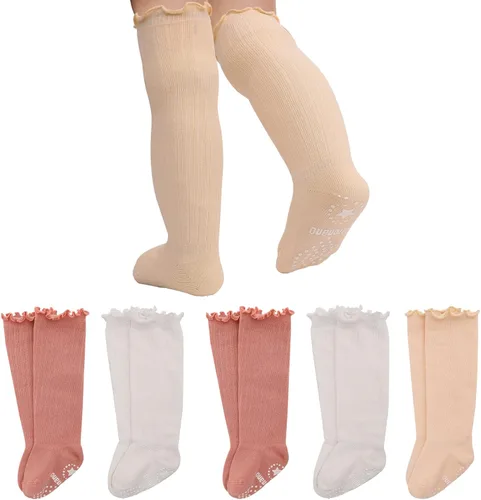 Aaronano Calcetines hasta la rodilla para bebé niña, calcetines antideslizantes para niños pequeños, tubo con volantes, uniforme para recién