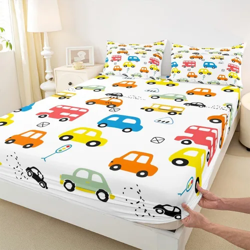 Miniatura 7 de Juego de sábanas de coche de dibujos animados para niños, niños, adolescentes, decoración de dormitorio, sábanas de taxi autobús con sábana bajera