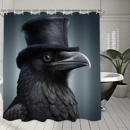 Miniatura 6 de Cortina de ducha de cuervo con sombrero negro para baño, juego de cortina de ducha estilo bohemio con diseño de pájaro hippie, tela divertida