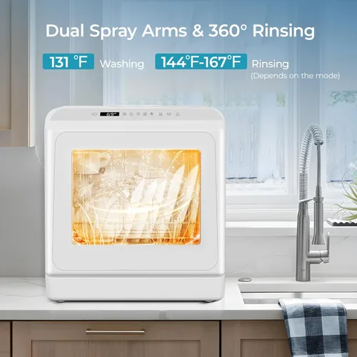 Miniatura 5 de EUHOMY Lavavajillas de encimera portátil con 6 programas, tanque de agua incorporado de 1.3 galones para apartamentos, alta temperatura de 75℃, sin
