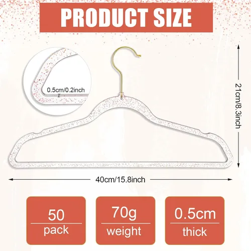 Miniatura 2 de Roshtia 50 perchas acrílicas transparentes de plástico con purpurina, duraderas y antideslizantes, perchas de ropa resistentes, ligeras y ahorran