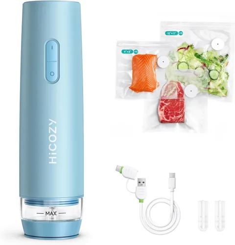 HiCOZY Sellador al vacío compacto para alimentos con tanque de agua visible, máquina selladora al vacío portátil de mano con 30 bolsas sin BPA y Azul