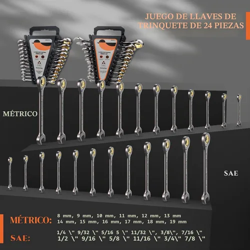 Miniatura 7 de SUZUME Juego de 24 piezas de llaves de carraca SAE y métricas (1/4" - 7/8" & 8-19mm) Engranajes bloqueados de ciclo de más de 15K 72T Cr-V Juego