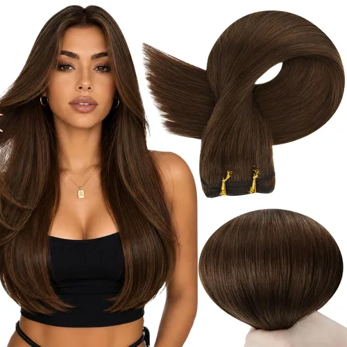 Miniatura 25 de Full Shine Extensiones de cabello humano, 18 pulgadas, mechones de trama, color #2 castaño oscuro, 3.5 onzas, cabello Remy para coser, doble trama