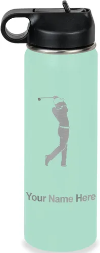 Miniatura 18 de LaserGram Botella de agua personalizada, golfista de golf, acero inoxidable de doble pared aislada al vacío con popote superior, regalo grabado Negro