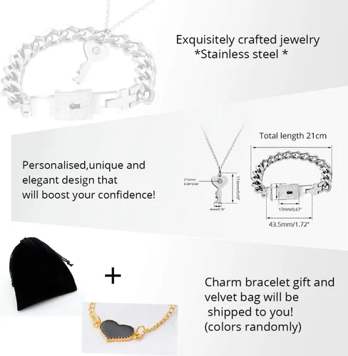 Miniatura 7 de Uloveido Juego de collar con colgante de llave de acero de titanio y pulsera cuadrada para parejas, regalos de valetines, Metal, circonita cúbica