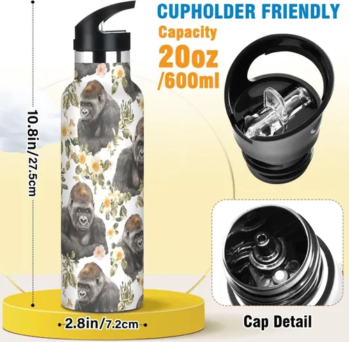 Miniatura 2 de Funny Gorilla White Vacuum Insulated Sports Water Bottle Keeps Hot and Cold with Straw Leakproof BPA Free for Gym Sports 11