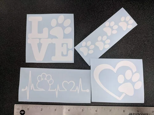 Miniatura 2 de Paquete de 4 calcomanías de patas: patas de perro, amor con pata, latido del corazón de la pata, huellas de patas (blanco, pequeño ~ 3.5 pulgadas)