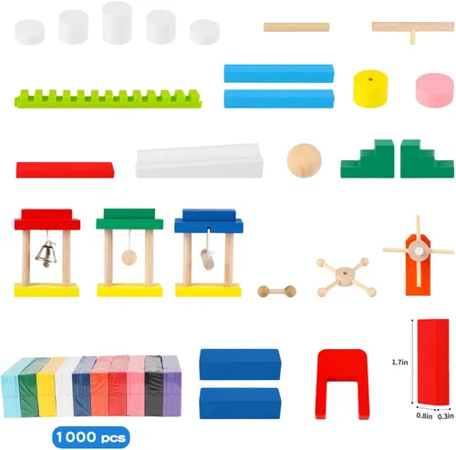 Miniatura 5 de Juego de 1000 piezas de dominó para niños con 11 bloques adicionales, bloques de construcción de madera, 10 colores, juegos de fichas de dominó