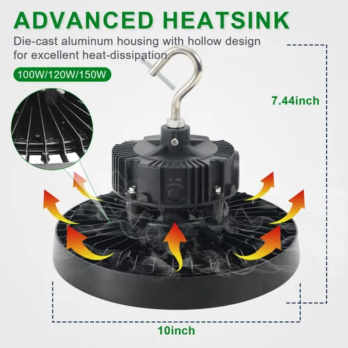 Miniatura 3 de OSTEK 480V 150W UFO LED High Bay Light 21000LM, 5000K 0-10V Dimmable Granero Taller Alta Bahía Iluminación Accesorio ETL DLC Listado US Hook 5' Cable