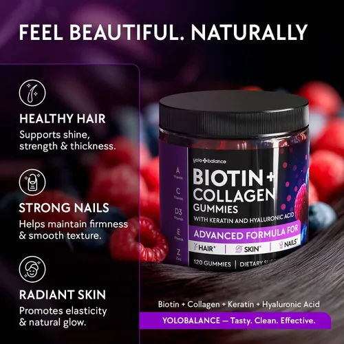 Miniatura 9 de Gomitas de biotina de 10 000 mcg para el crecimiento del cabello - Multi-colágeno sin azúcar con queratina, sílice y ácido hialurónico - A base