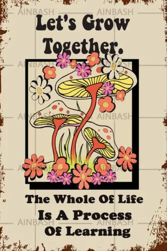 Letrero de metal de los años 70, retro, groovy, hippie, eslogan vintage, motivacional, positivo, citas inspiradoras "Let is Grow Together para
