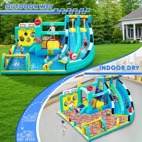 Miniatura 3 de FINCOME Bounce House - Tobogán doble para niños de 3 a 10 años, castillo de rebote grande con soplador de aire de 550 W, piscina, salto, escalada