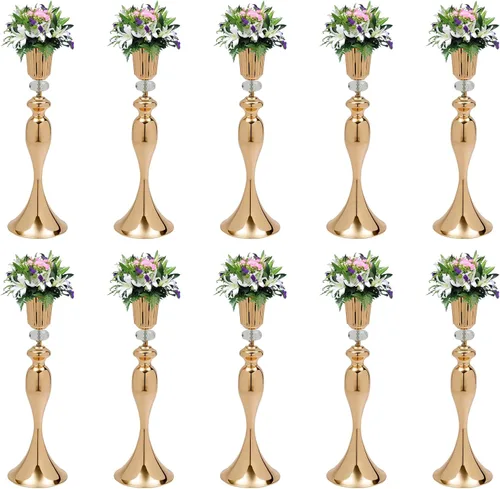 Miniatura 24 de Juego de 10 portavelas de metal dorado de 10.2 pulgadas de alto, florero, arreglo floral, candelabro, candelabro, portavelas para bodas, fiestas