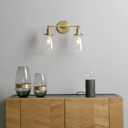 Miniatura 9 de Phansthy Apliques de pared industriales retro de 2 luces, lámpara de tocador de baño, lámpara de pared con doble pantalla de vidrio transparente