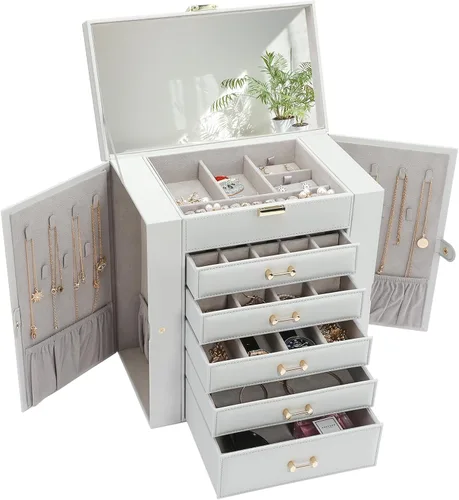 V-LAFUYLIFE Joyero grande, organizador de joyas con 5 cajones, cajas de joyería de 6 niveles, organizador de joyas con espejo, cajas de joyería
