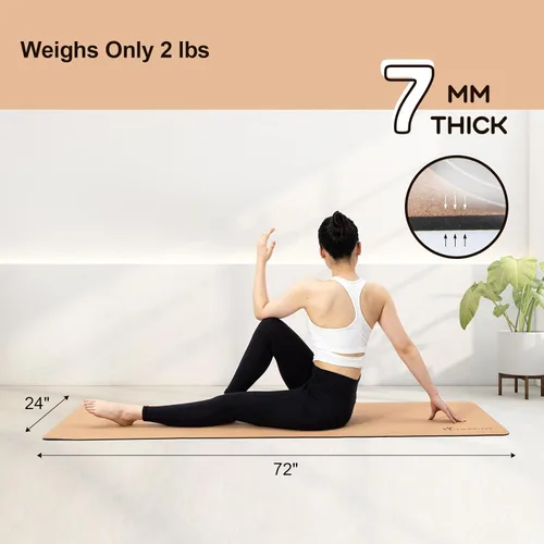 Miniatura 3 de StrongTek Esterilla de yoga de corcho ecológico, 7mm de espesor, 183 x 61 cm, corcho+TPE, 0.9 kg, antideslizante, ligera y acolchada para yoga