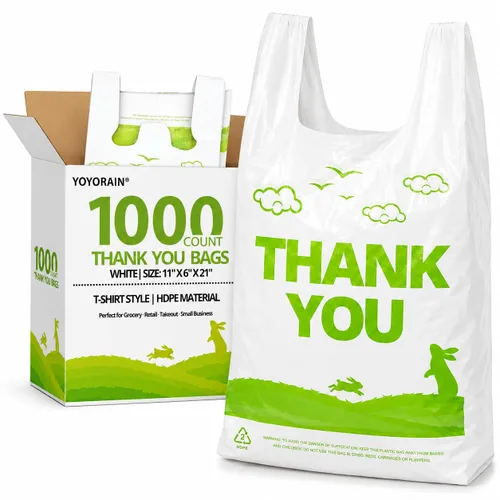 Miniatura 11 de YoYoRain 1000 Pack Bolsas de agradecimiento de playera blancas con asas, 11"x6"x21" Bolsas de plástico para compras para abarrotes, venta al por