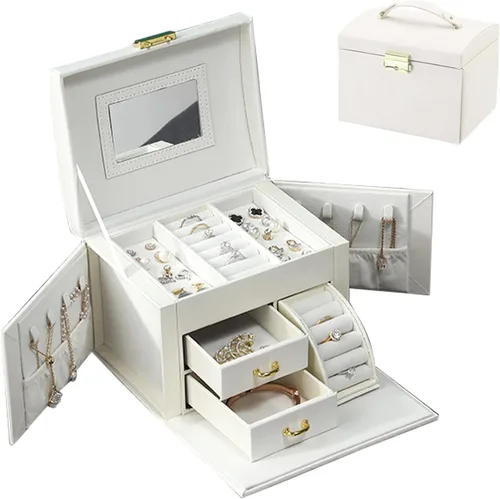 DREAM&GLAMOUR - Cajas de joyería para mujer, 3 capas, organizador de joyería de piel sintética con espejo y cerradura. Caja de joyería portátil de