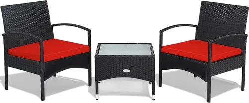 Miniatura 9 de HAPPYGRILL Juego de muebles de patio de 3 piezas con mesa de centro de cristal y cojines suaves para balcón, jardín, piscina
