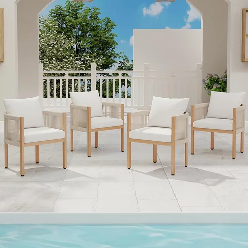 Miniatura 10 de Juego de 2 sillas de comedor al aire libre, juego de muebles de patio de mimbre con reposabrazos, respaldo acolchado, sillas de comedor de barril