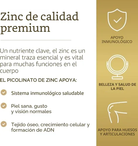 Miniatura 4 de Solgar Picolinato de zinc de 22 mg, 100 tabletas - Promueve una piel saludable - Apoya el sistema inmunológico, el sabor y la visión normales