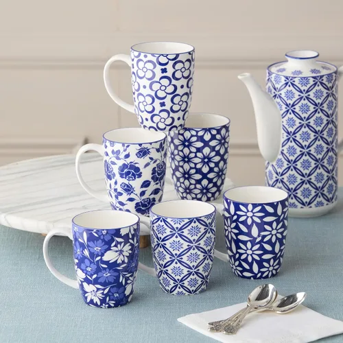 Miniatura 3 de Madison - Juego de 6 tazas de porcelana prémium de 14 onzas, patrones vibrantes azules y blancos para café, té, lattes y cacao caliente