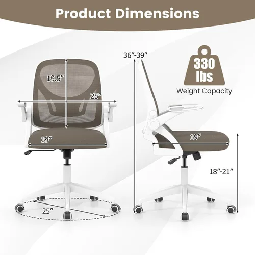 Miniatura 3 de COSTWAY Silla de oficina, cómoda silla giratoria de escritorio con altura ajustable y reposabrazos abatibles, sillas ergonómicas de malla para Gris