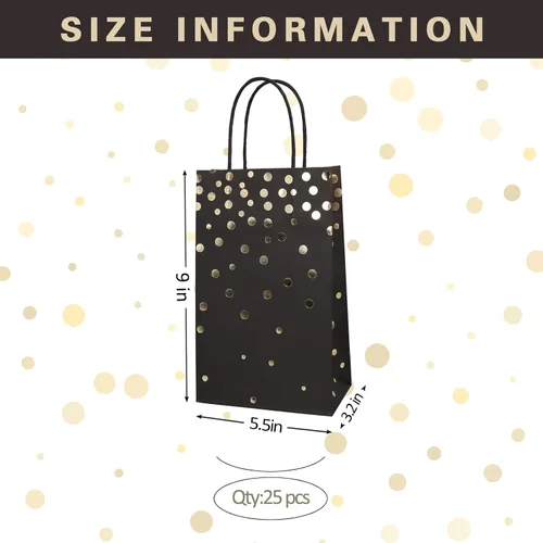 Miniatura 2 de ECOHOLA Bolsas de regalo de papel de aluminio negro y dorado con asas negras, 25 piezas de lunares metálicos dorados para regalos, minoristas