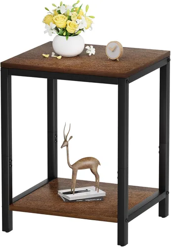 Miniatura 8 de SAYGOER Mesas auxiliares negras de 13.3 pulgadas de profundidad, mesita de noche de madera, marcos de metal, mesa de noche de 2 niveles con patas