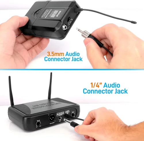 Miniatura 6 de Pyle Sistema de micrófono inalámbrico de 2 canales, juego de micrófono digital UHF portátil con 2 auriculares, 2 solapas, 2 transmisores, cable de ¼