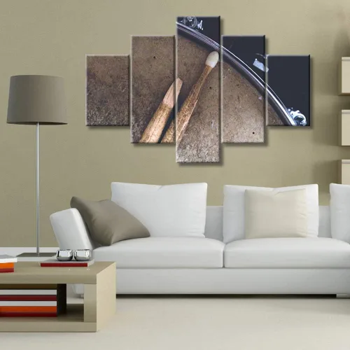 Miniatura 57 de Arte de pared en blanco y negro, kit de batería de jazz morado sobre fondo negro, pinturas de 5 paneles, lienzo, arte de pared para decoración