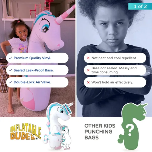 Miniatura 5 de INFLATABLE DUDES Juguete de unicornio de 47 pulgadas, saco de boxeo para niños, ya lleno de arena, bolsa de Bop, lanzamiento de anillos de unicornio