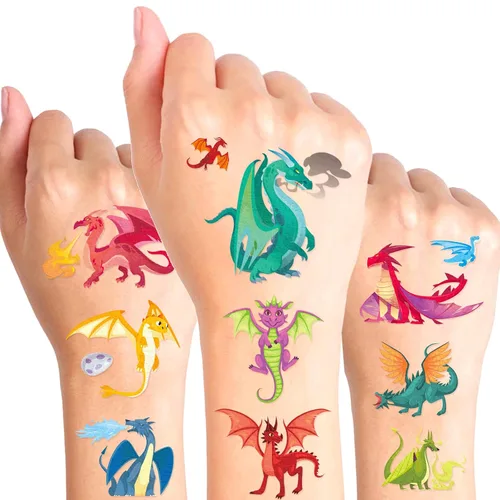 Tatuajes de dragón, suministros de fiesta, recuerdos de decoración – dragón mágico impermeable temporal video calcomanías de dibujos animados para
