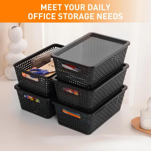 Miniatura 5 de Cestas de almacenamiento de plástico con tapa, contenedores de almacenamiento para organizar, contenedores decorativos apilables para estantes, Negro