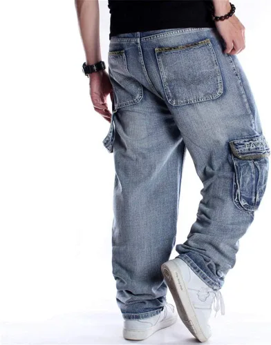 Miniatura 5 de LUOBANIU Pantalones de mezclilla holgados para hombre, pantalones de hip hop, ajuste holgado, estilo vintage de los años 90, pantalones cargo