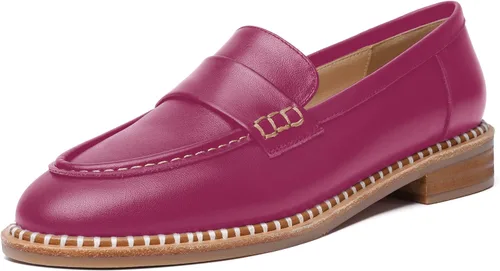 Miniatura 11 de FOGEENA Mocasines de cuero mate para mujer, estilo casual, sin cordones, punta redonda, tacón bajo grueso, zapatos de vestir de 1 pulgada