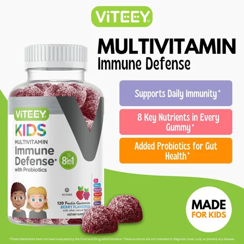 Miniatura 2 de Viteey Gomitas multivitamínicas para niños con probióticos, 8-1 vitaminas para niños para apoyo a la salud inmunológica con vitamina C, D3, B12, B6