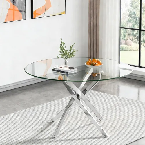 Miniatura 14 de Mesa de comedor redonda de 36 pulgadas para 4, mesa de comedor contemporánea de vidrio templado, mesa de comedor pequeña con base de metal de cruz