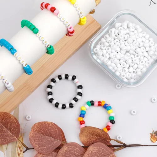 Miniatura 4 de 1000 piezas Cuentas de pony para pulsera de 9 mm, cuentas de plástico blanco en barril para collar, cuentas de pelo para trenzas, llavero