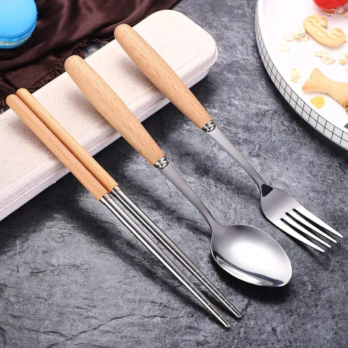 Miniatura 3 de Muka Juego de 3 cubiertos reutilizables con mango de madera con estuche y mango de madera